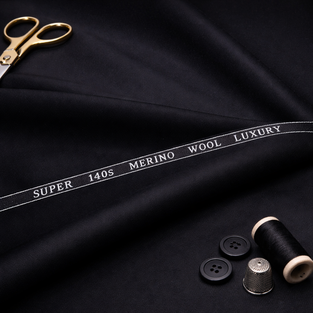 Ferrara Unstitched Super 140s Pure Merino Wool Suiting Fabric (Black)