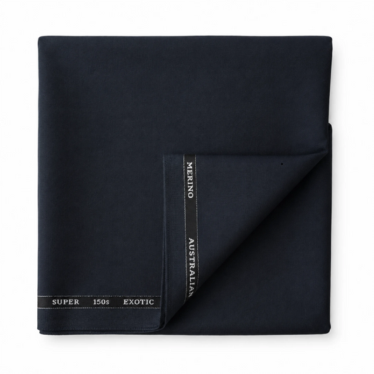 Folded OCM Aristo Merino Wool 150 dark navy blue suiting fabric