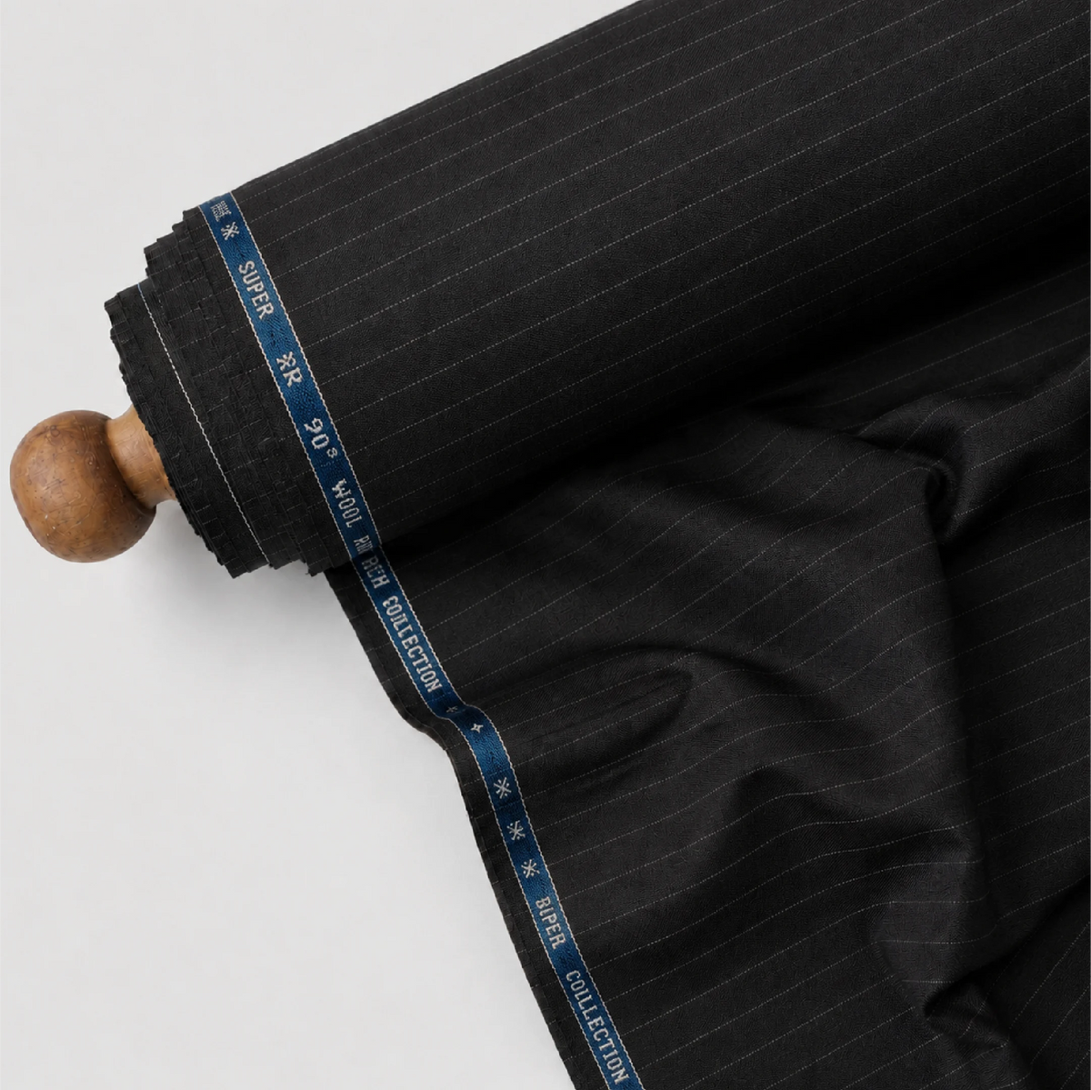 Rolled Raymond Applause Merino Wool 90 black unstitched suiting fabric with pinstripes