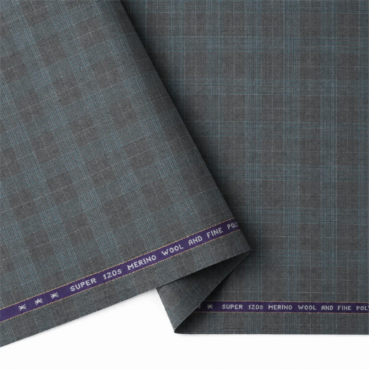 Raymond Exotic Merino Wool 120 grey suiting fabric with blue checks showing the fine weave