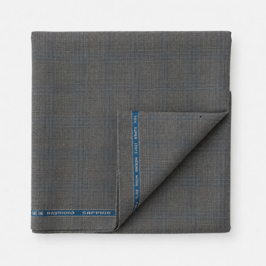 Folded Raymond Luxolite Merino Wool 120 light grey suiting fabric with blue checks