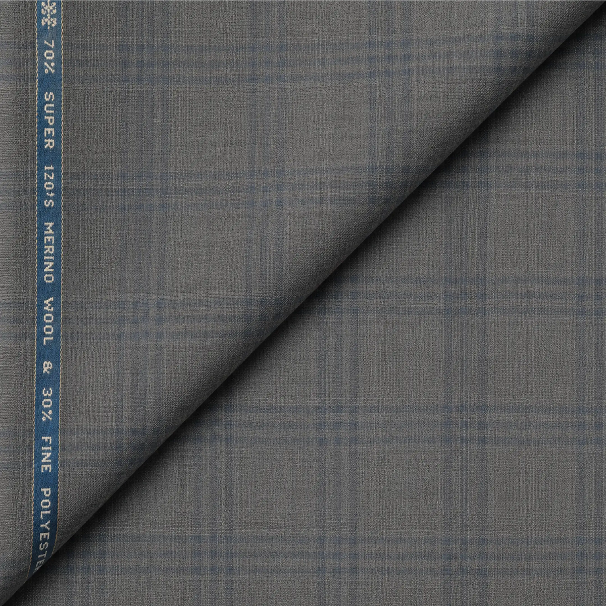 Raymond Luxolite Merino Wool 120 light grey unstitched suiting fabric with blue checks
