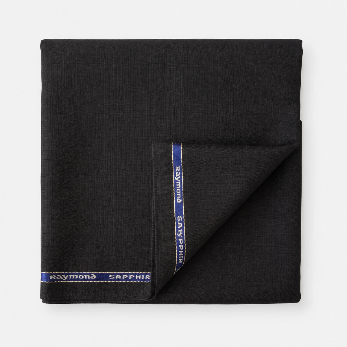 Folded Raymond Sapphire black unstitched suiting fabric showing its fine texture