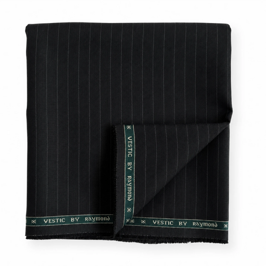Folded Raymond Vestic 65% Polyester 35% Viscose black pinstripe suiting fabric