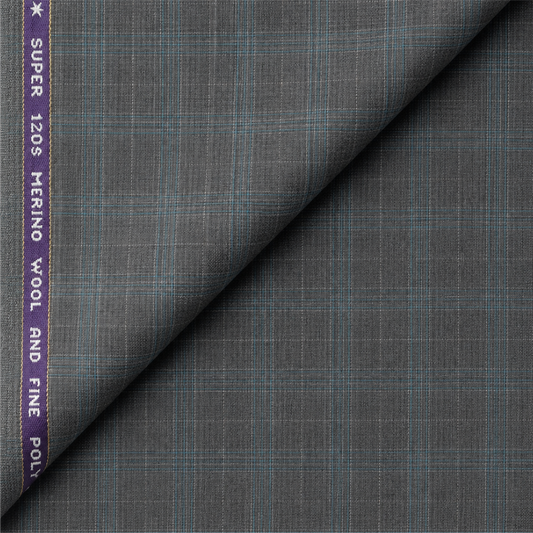 Raymond Exotic Merino Wool 120 Unstitched Suiting Fabric (Grey with Blue Checks)