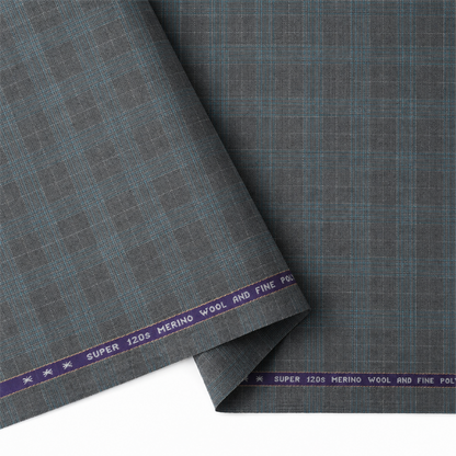 Raymond Exotic Merino Wool 120 Unstitched Suiting Fabric (Grey with Blue Checks)