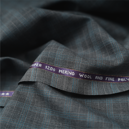 Raymond Exotic Merino Wool 120 Unstitched Suiting Fabric (Grey with Blue Checks)