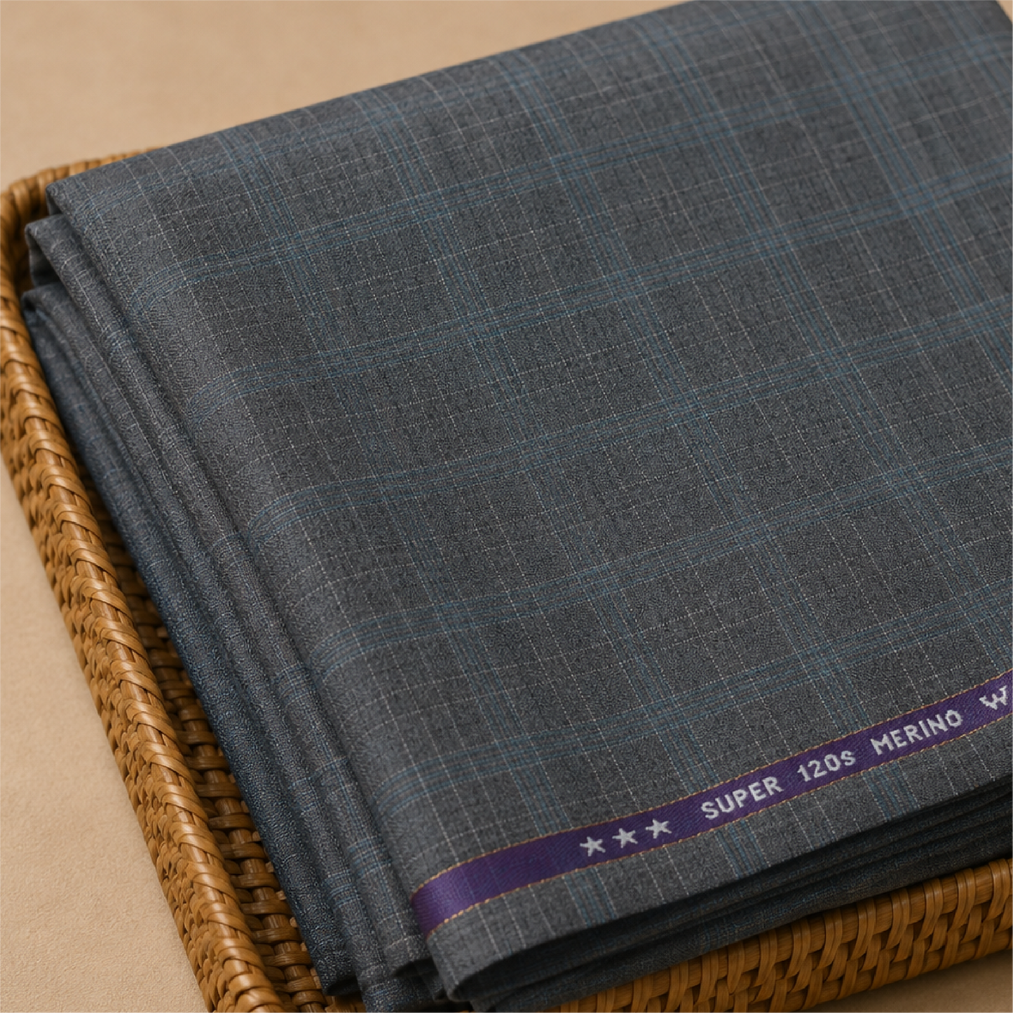 Raymond Exotic Merino Wool 120 Unstitched Suiting Fabric (Grey with Blue Checks)