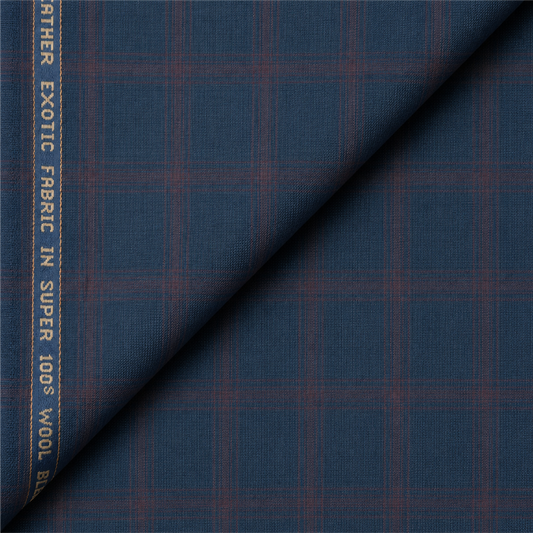 Raymond Exotic Super 100's Wool Blend Unstitched Suiting Fabric (Navy Blue with Red Checks)