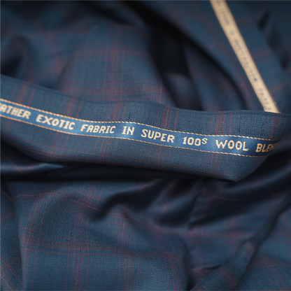 Raymond Exotic Super 100's Wool Blend Unstitched Suiting Fabric (Navy Blue with Red Checks)