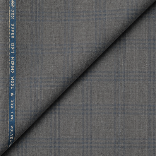 Raymond Luxolite Merino Wool 120 Unstitched Suiting Fabric (Light Grey with Blue Checks)