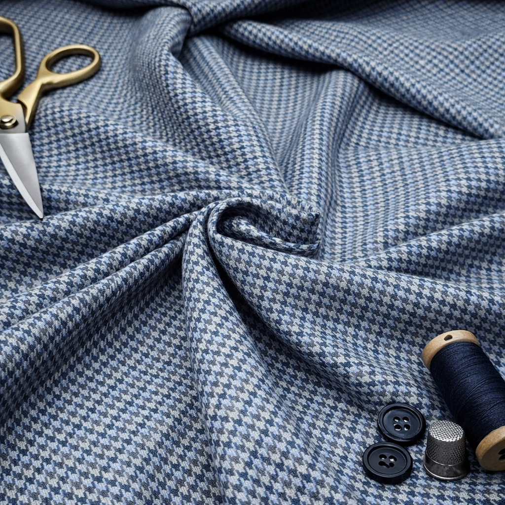 Geofferey Hammonds Houndstooth Check Unstitched 100% Pure Wool Tweed Fabric (Blue)