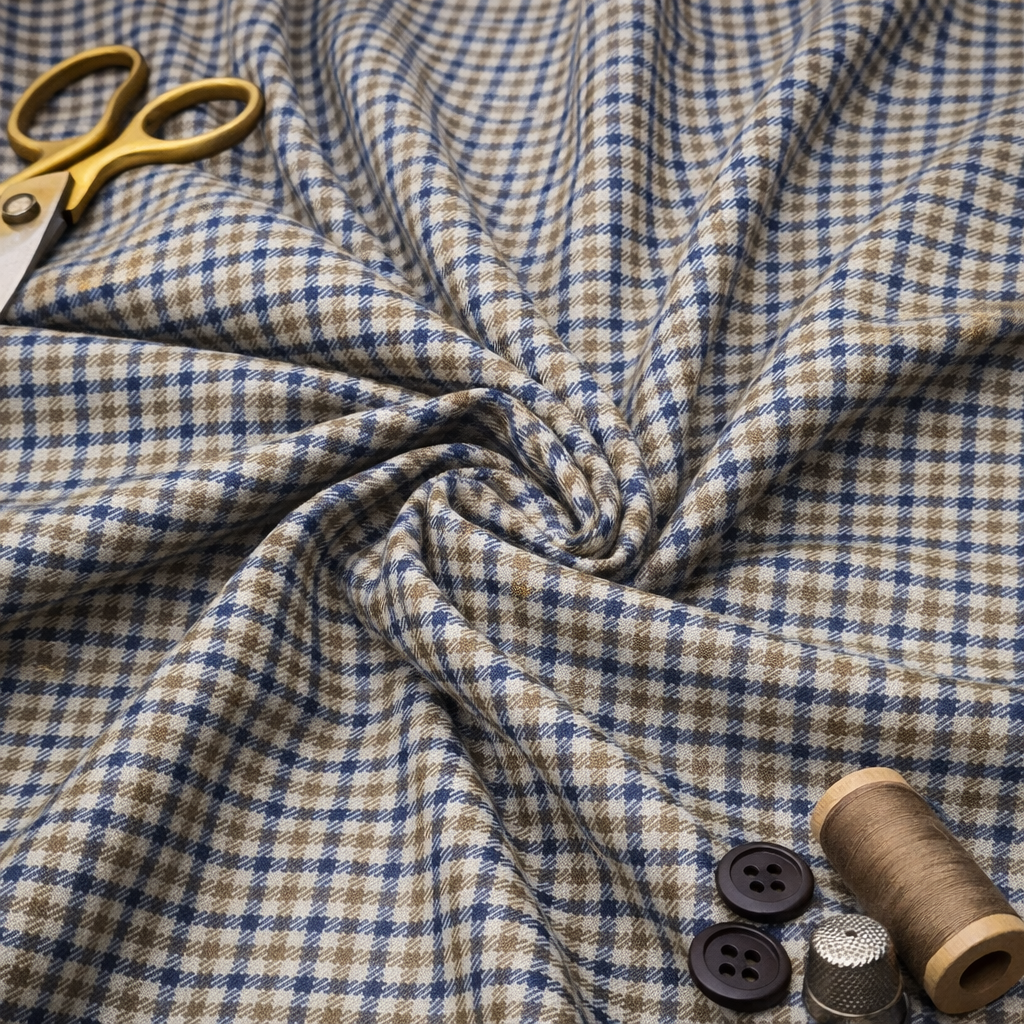 Geofferey Hammonds Houndstooth Check Unstitched 100% Pure Wool Tweed Fabric (Brown & Blue)