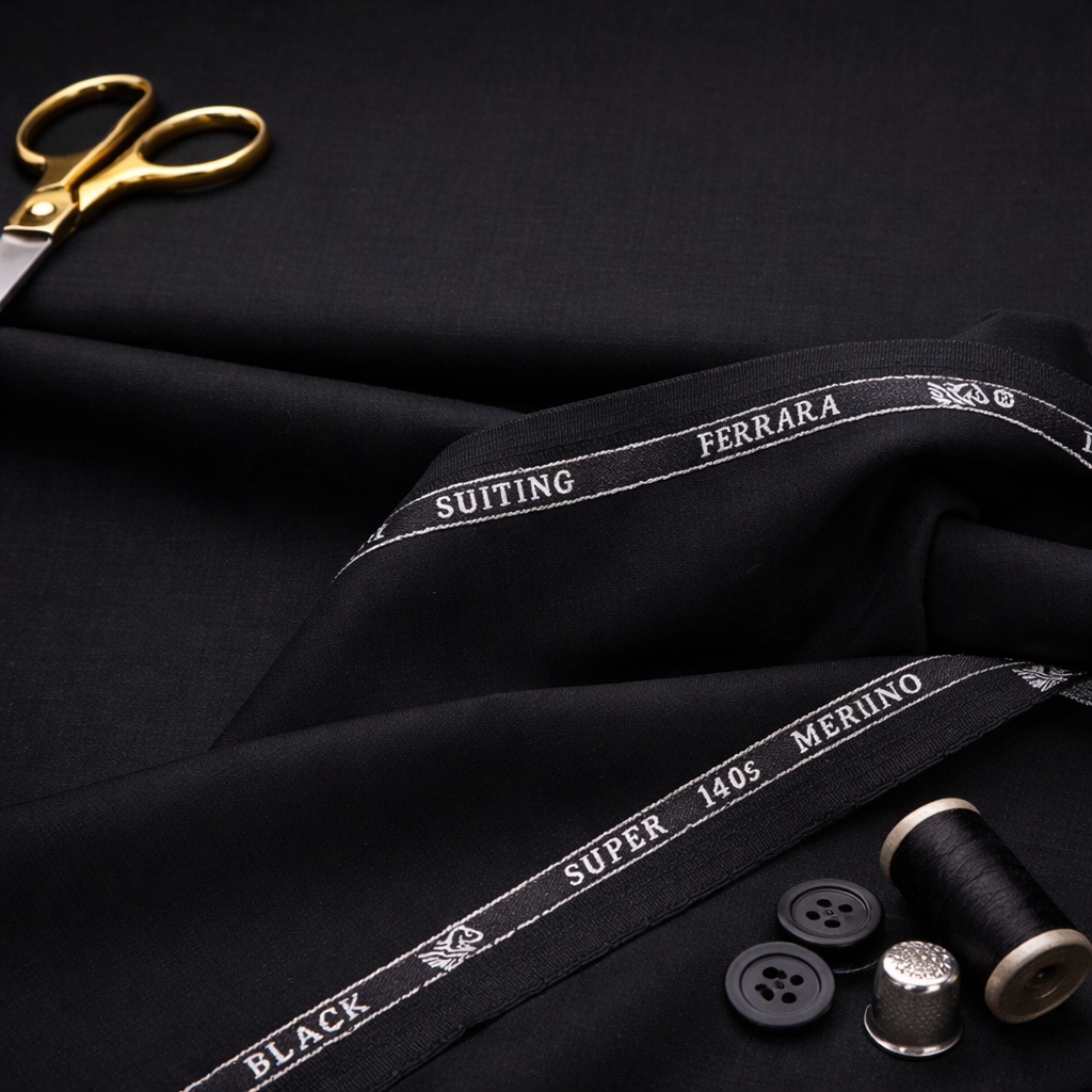 Ferrara Unstitched Super 140s Pure Merino Wool Suiting Fabric (Black)