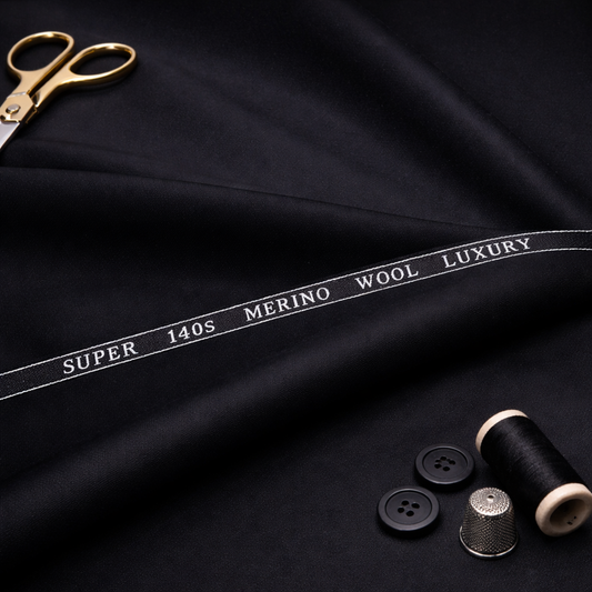 Ferrara Unstitched Super 140s Pure Merino Wool Suiting Fabric (Black)