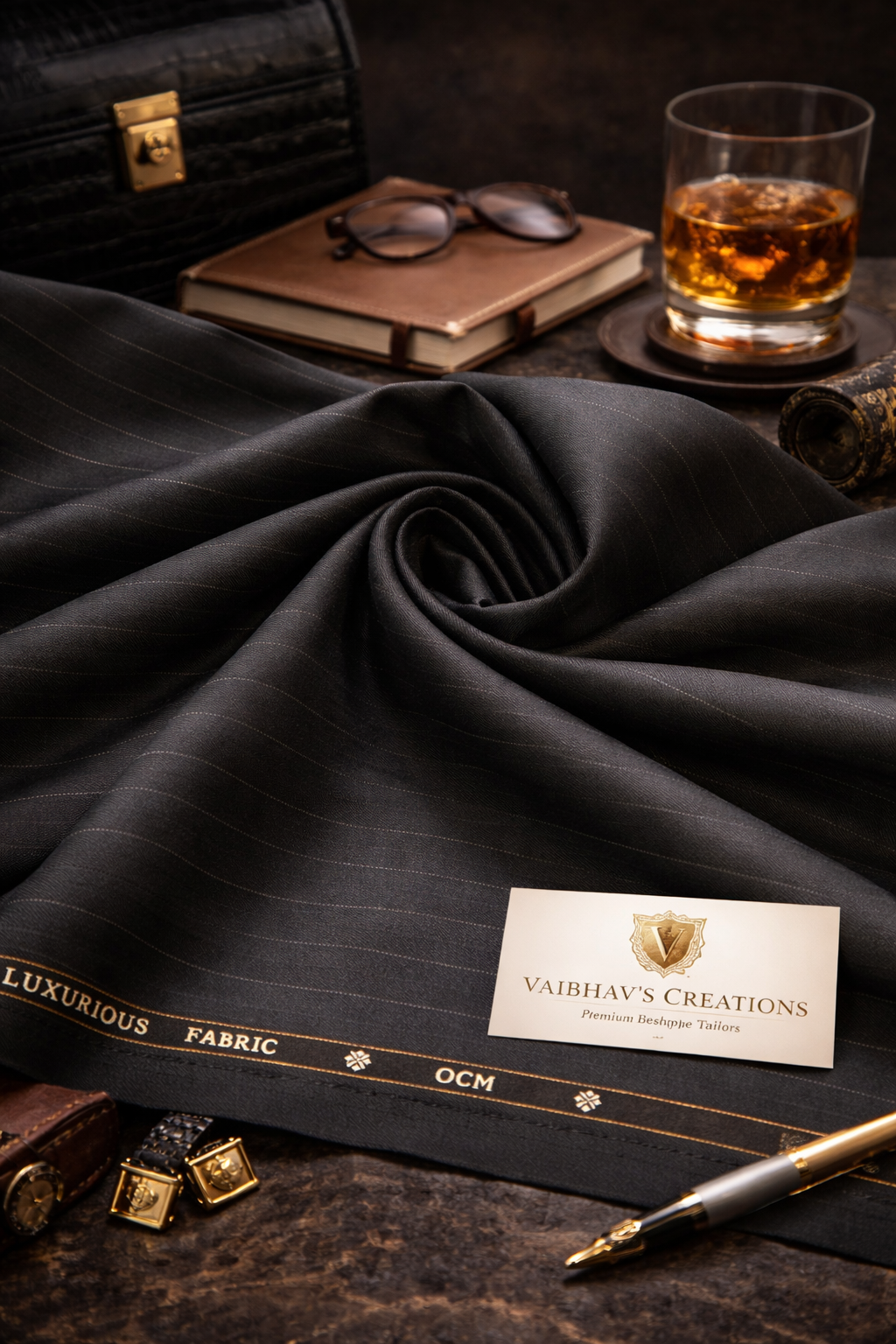 OCM Unstitched Super 150s Australian Merino Wool Pinstripes Suiting Fabric (Black)