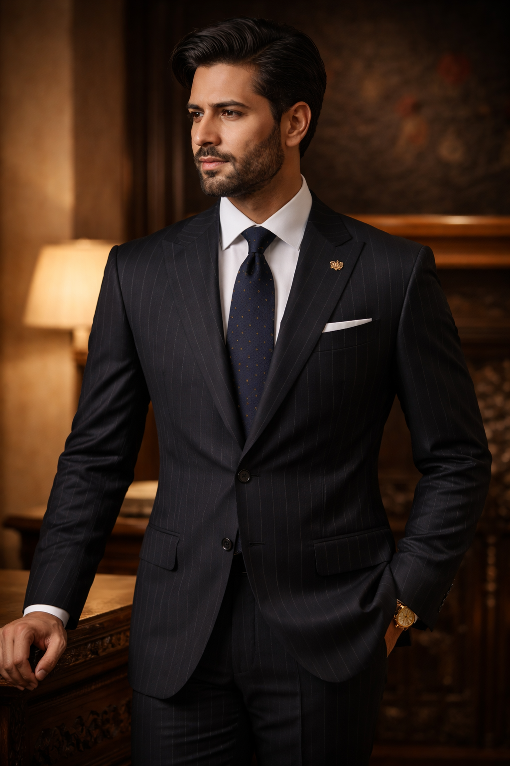 OCM Unstitched Super 150s Australian Merino Wool Pinstripes Suiting Fabric (Black)