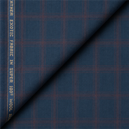 Raymond Exotic Super 100's wool blend navy blue unstitched suiting fabric with red checks