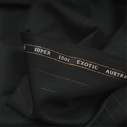 Close-up of OCM Aristo Merino Wool 150 black fabric with pinstripes and branded selvedge