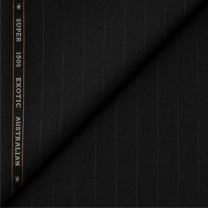 OCM Aristo Merino Wool 150 black unstitched suiting fabric with pinstripes