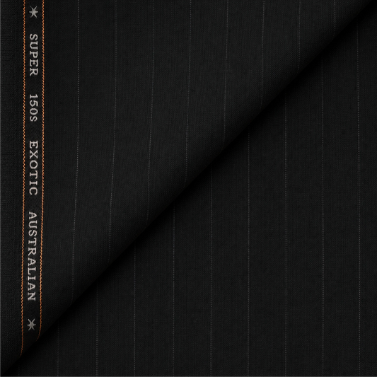 OCM Aristo Merino Wool 150 black unstitched suiting fabric with pinstripes
