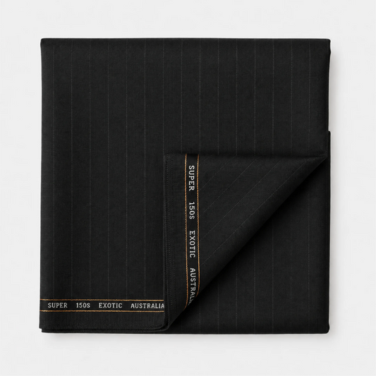 Folded OCM Aristo Merino Wool 150 black suiting fabric with fine pinstripes