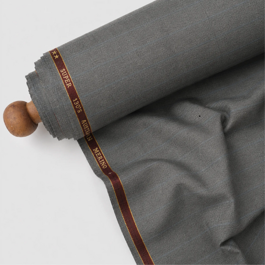 Rolled OCM Euphoria Merino Wool 130 light grey suiting fabric with pinstripes