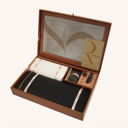 Raymond 100 Years Premium Suit Length Pack - Black & White with Tie, Pocket Square & Brooch