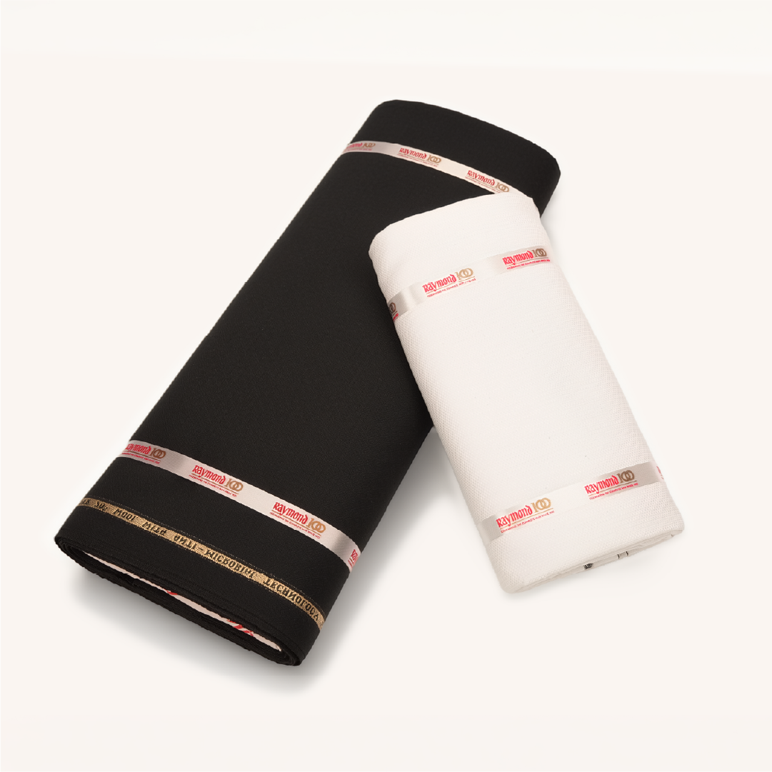 Raymond 100 Years Premium Suit Length Pack - Black & White with Tie, Pocket Square & Brooch