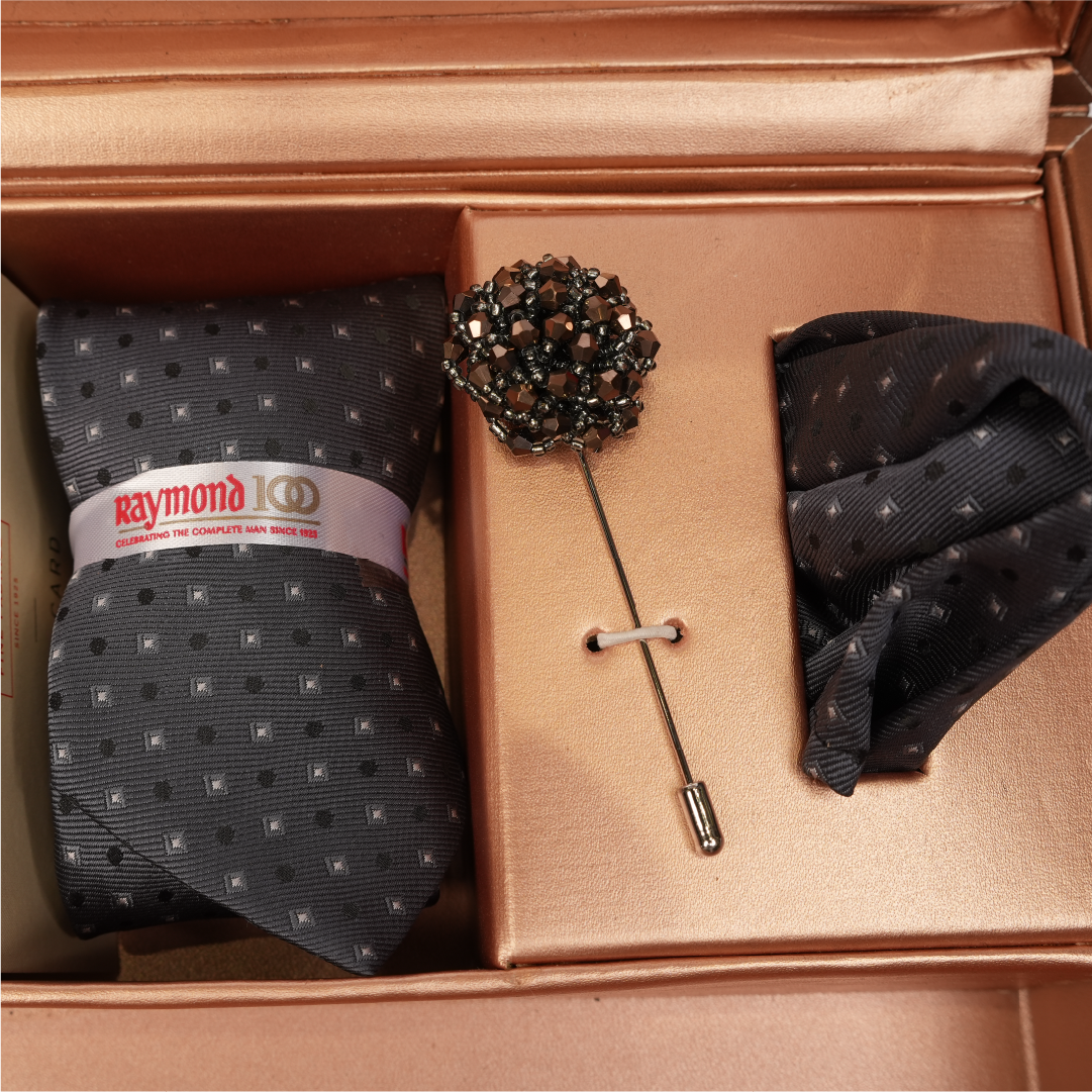 Raymond 100 Years Premium Suit Length Pack - Black & White with Tie, Pocket Square & Brooch