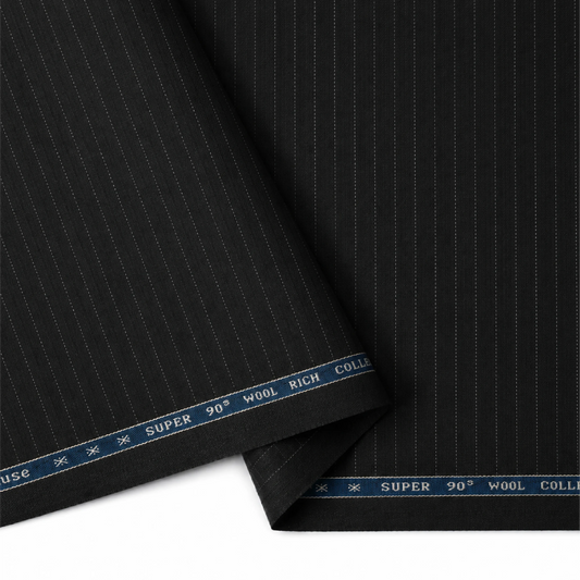 Close-up of Raymond Applause Merino Wool 90 black fabric with pinstripes and branded selvedge