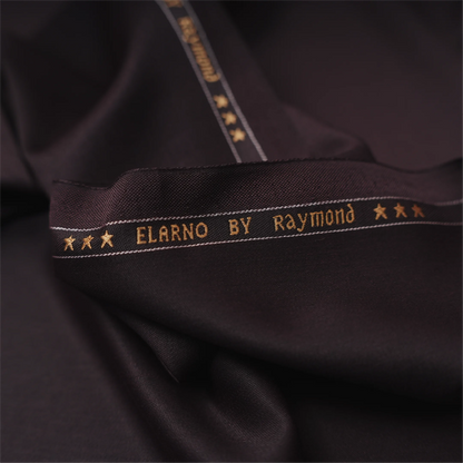 Close-up of Raymond Elarno dark wine suiting fabric with branded selvedge