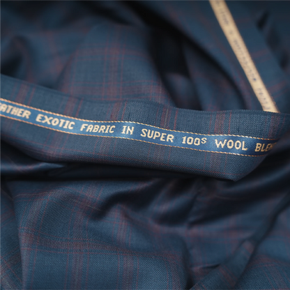 Close-up of Raymond Exotic Super 100's wool blend fabric with navy blue and red checks