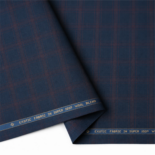 Raymond Exotic Super 100's navy blue suiting fabric with red checks showing the fine weave