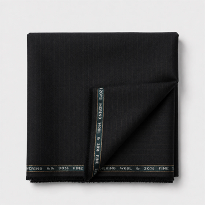 Folded Raymond Luxolite Merino Wool 120 dark brown pinstripe suiting fabric
