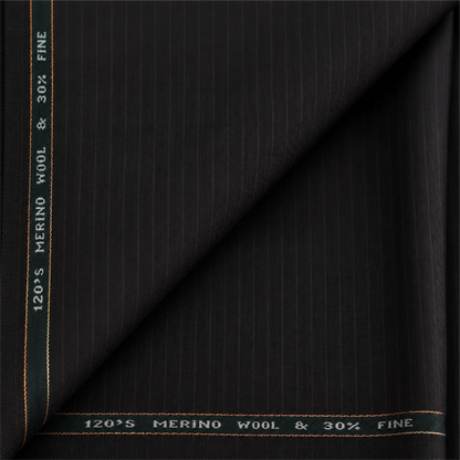 Raymond Luxolite Merino Wool 120 dark brown unstitched suiting fabric with pinstripes