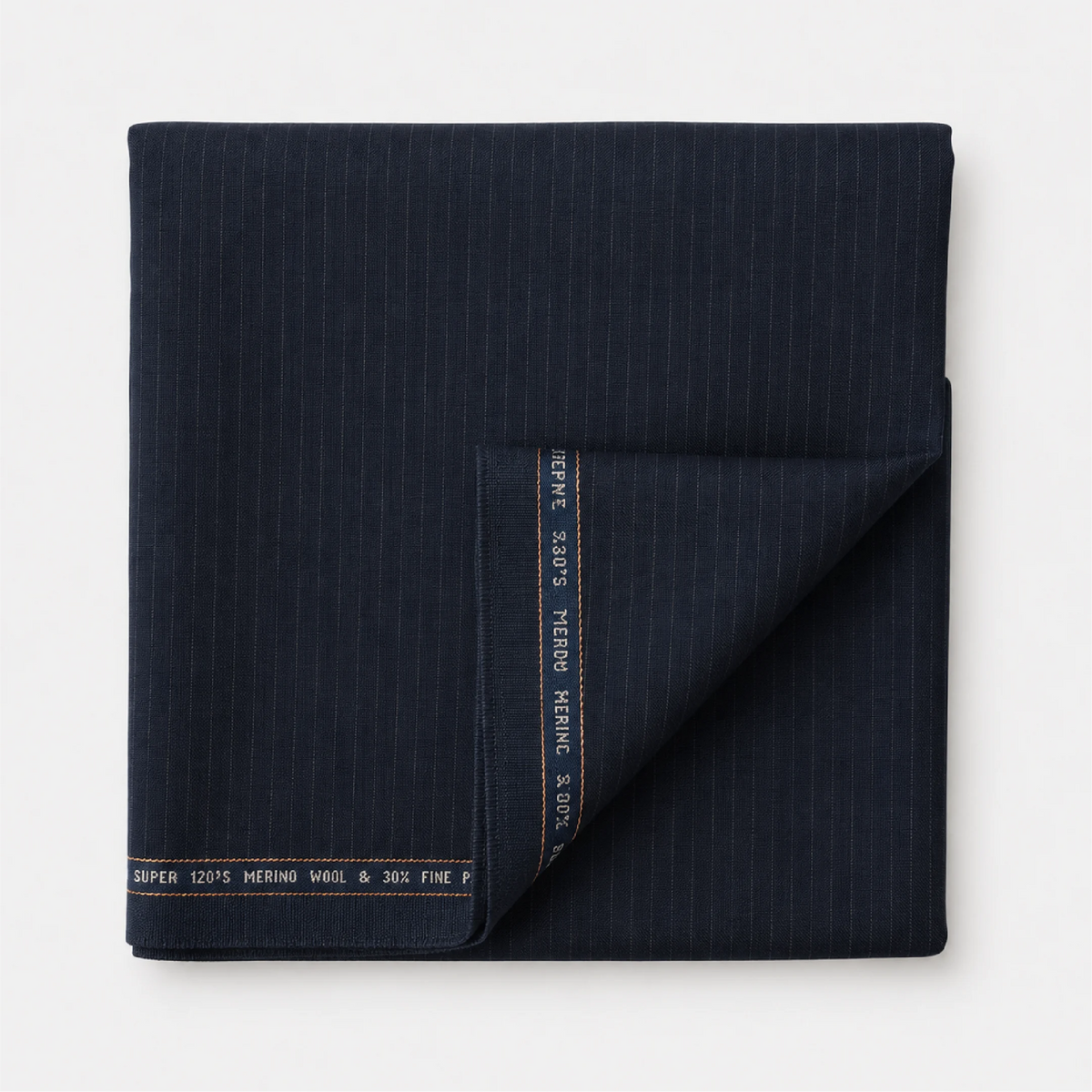 Folded Raymond Luxolite Merino Wool 120 dark navy pinstripe suiting fabric
