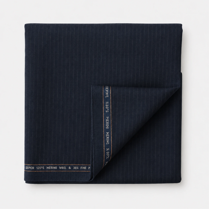 Folded Raymond Luxolite Merino Wool 120 dark navy pinstripe suiting fabric