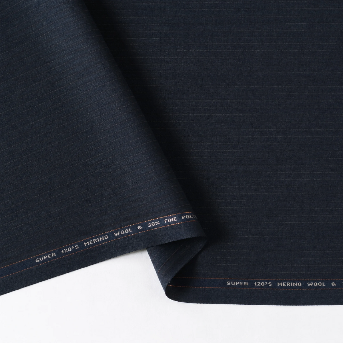 Raymond Luxolite Merino Wool 120 dark navy pinstripe suiting fabric showing its fine texture