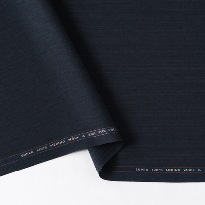 Raymond Luxolite Merino Wool 120 dark navy pinstripe suiting fabric showing its fine texture