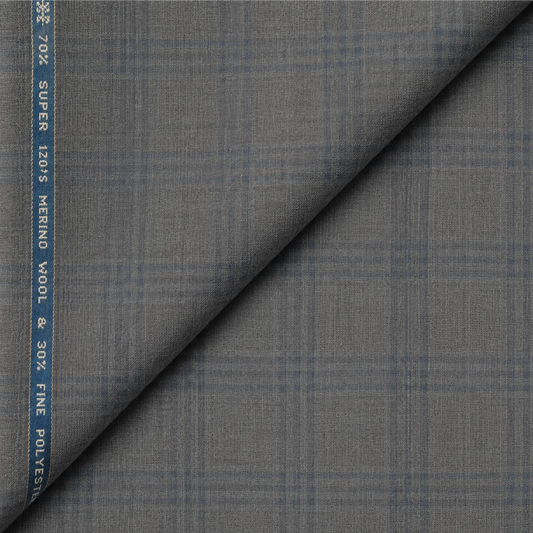 Raymond Luxolite Merino Wool 120 light grey unstitched suiting fabric with blue checks