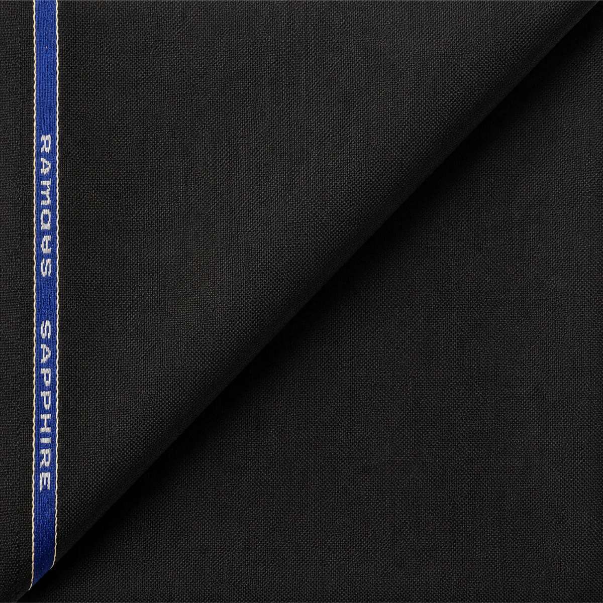 Raymond Sapphire 65% Polyester 35% Wool black unstitched suiting fabric with branded selvedge