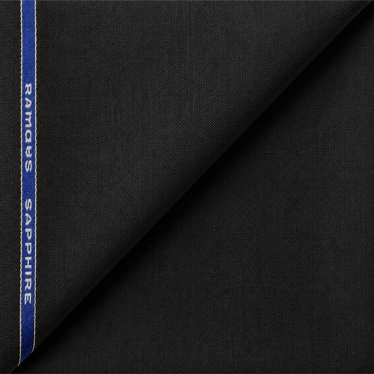 Raymond Sapphire 65% Polyester 35% Wool black unstitched suiting fabric with branded selvedge