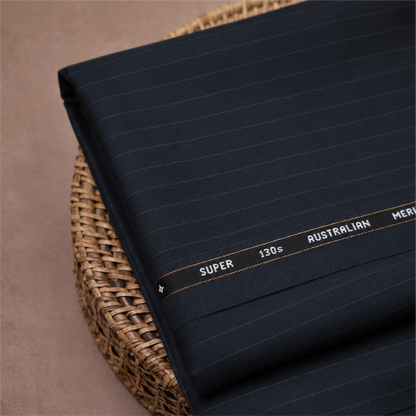 Folded Raymond Venizo Merino Wool 130 dark navy pinstripe unstitched suiting fabric