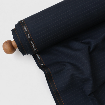 Rolled Raymond Venizo Merino Wool 130 dark navy pinstripe suiting fabric