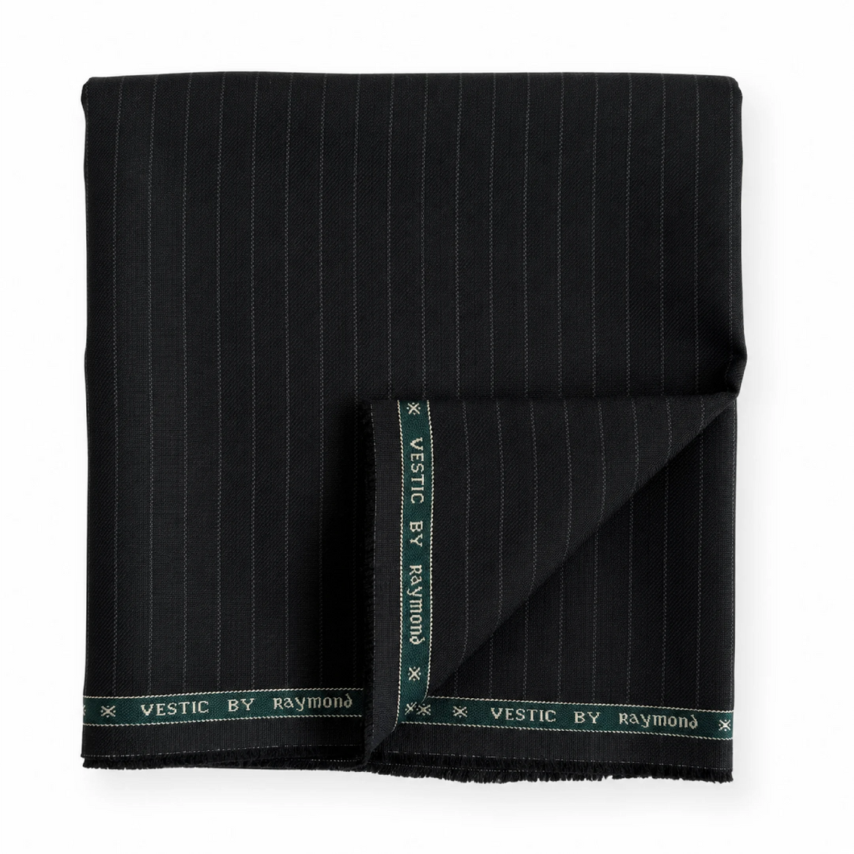 Folded Raymond Vestic 65% Polyester 35% Viscose black pinstripe suiting fabric