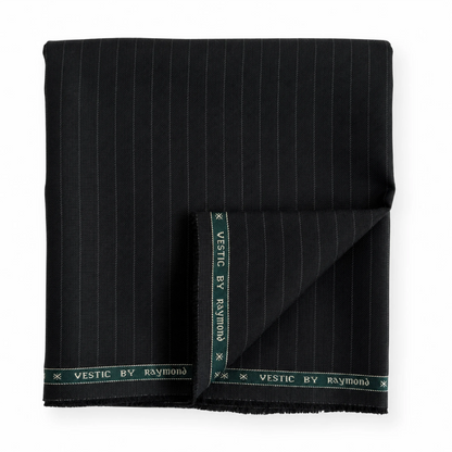 Folded Raymond Vestic 65% Polyester 35% Viscose black pinstripe suiting fabric
